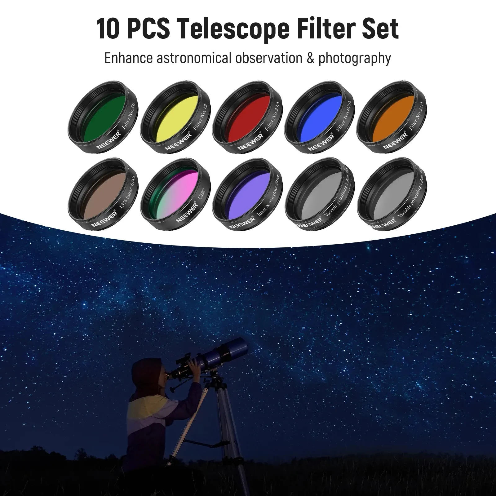 10pc 1.25 Telescope Eyepiece Filter Set 5 Planetary & 2 Polarizing Filters for Starry Sky & Moon Observation