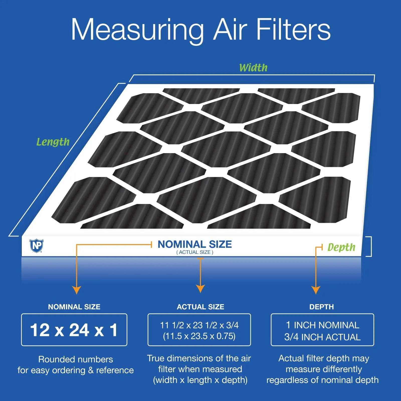 12x24x1 (11_1/2x23_1/2) Pure Carbon Odor Reduction Furnace Air Filters 3 Pack