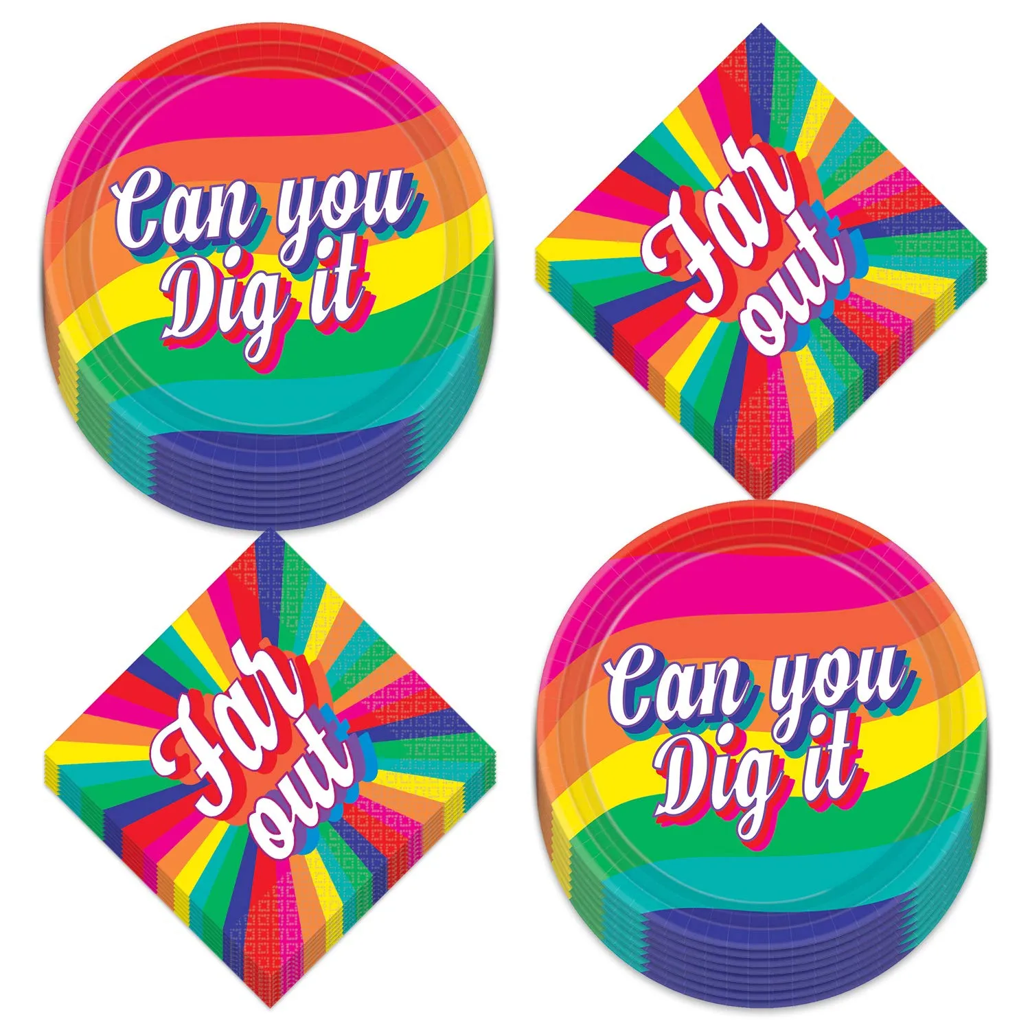 70's Decades Party Supplies - Can You Dig It Paper Dessert Plates and Napkins (Serves 16)