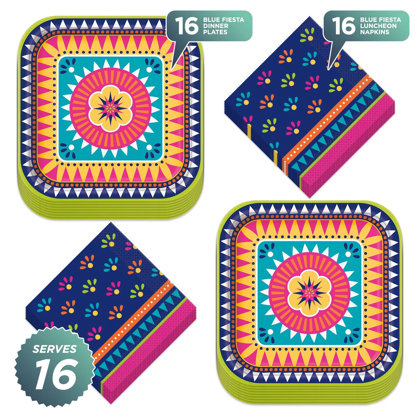 Blue Fiesta Dinner Party Pack - Mexican Fiesta Square Dinner Plates and Fiesta Napkins for 16 Guests