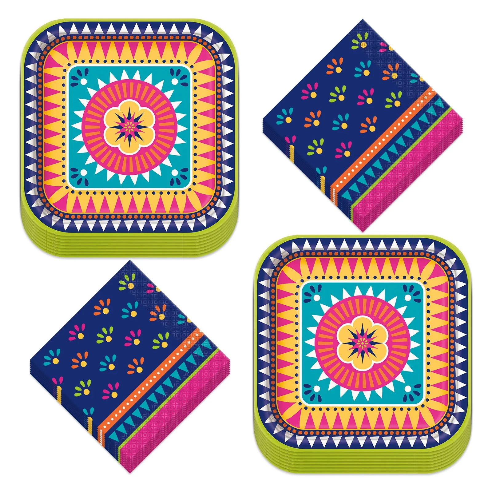 Blue Fiesta Dinner Party Pack - Mexican Fiesta Square Dinner Plates and Fiesta Napkins for 16 Guests