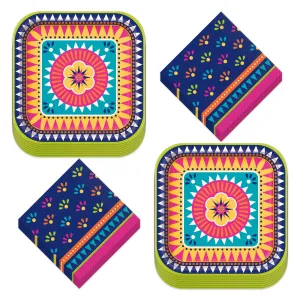Blue Fiesta Dinner Party Pack - Mexican Fiesta Square Dinner Plates and Fiesta Napkins for 16 Guests