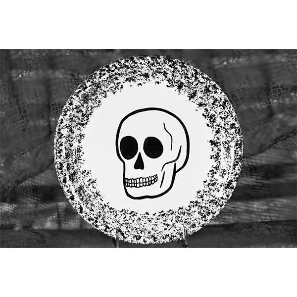 Dinner Plate - Skull with Black Sponged Rim | Day of the Dead