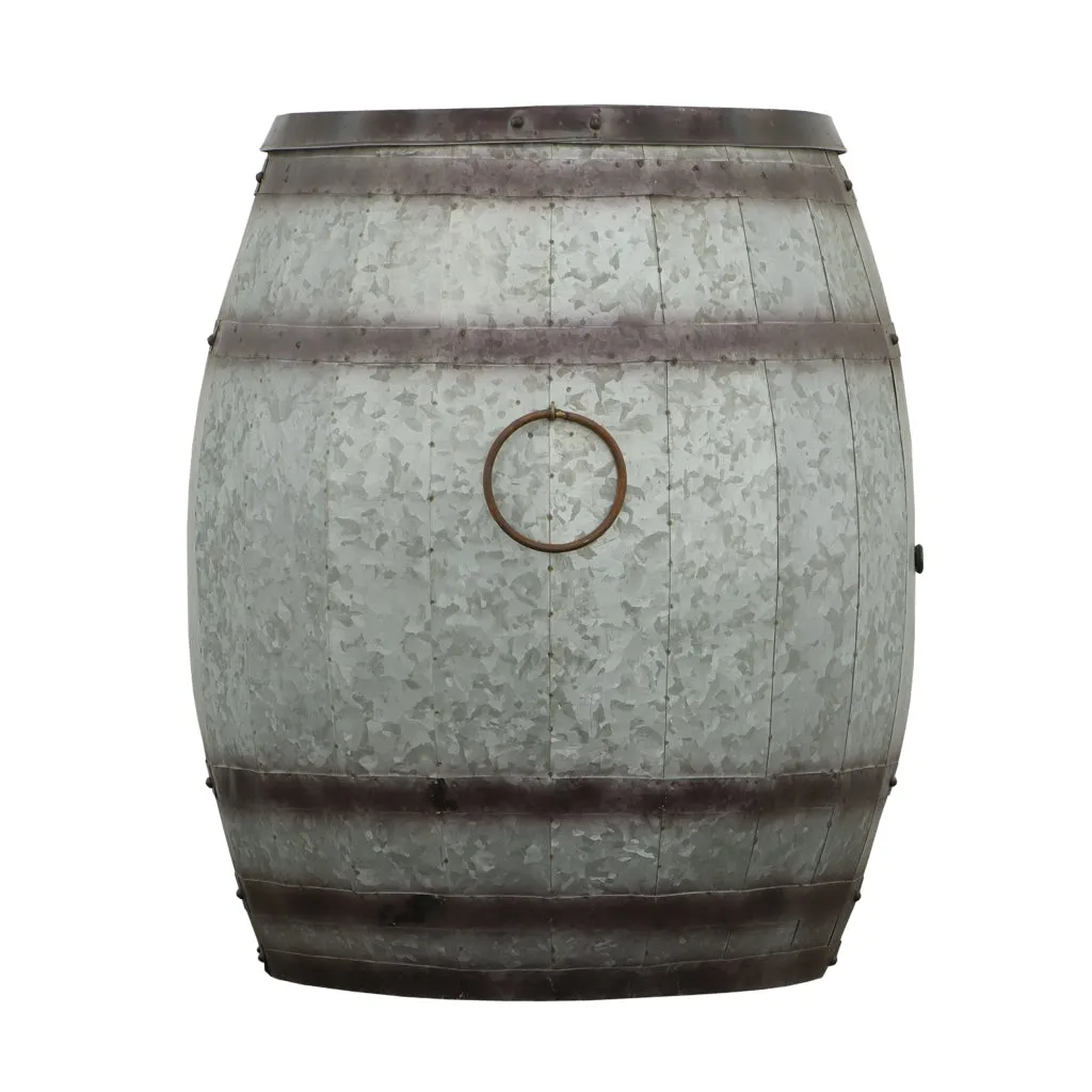 Drum Shape Metal Wine Storage Table with Removable Lid, Rustic Brown and Gray - BM82436