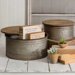 Galvanized Bins With Wood Lid S/2