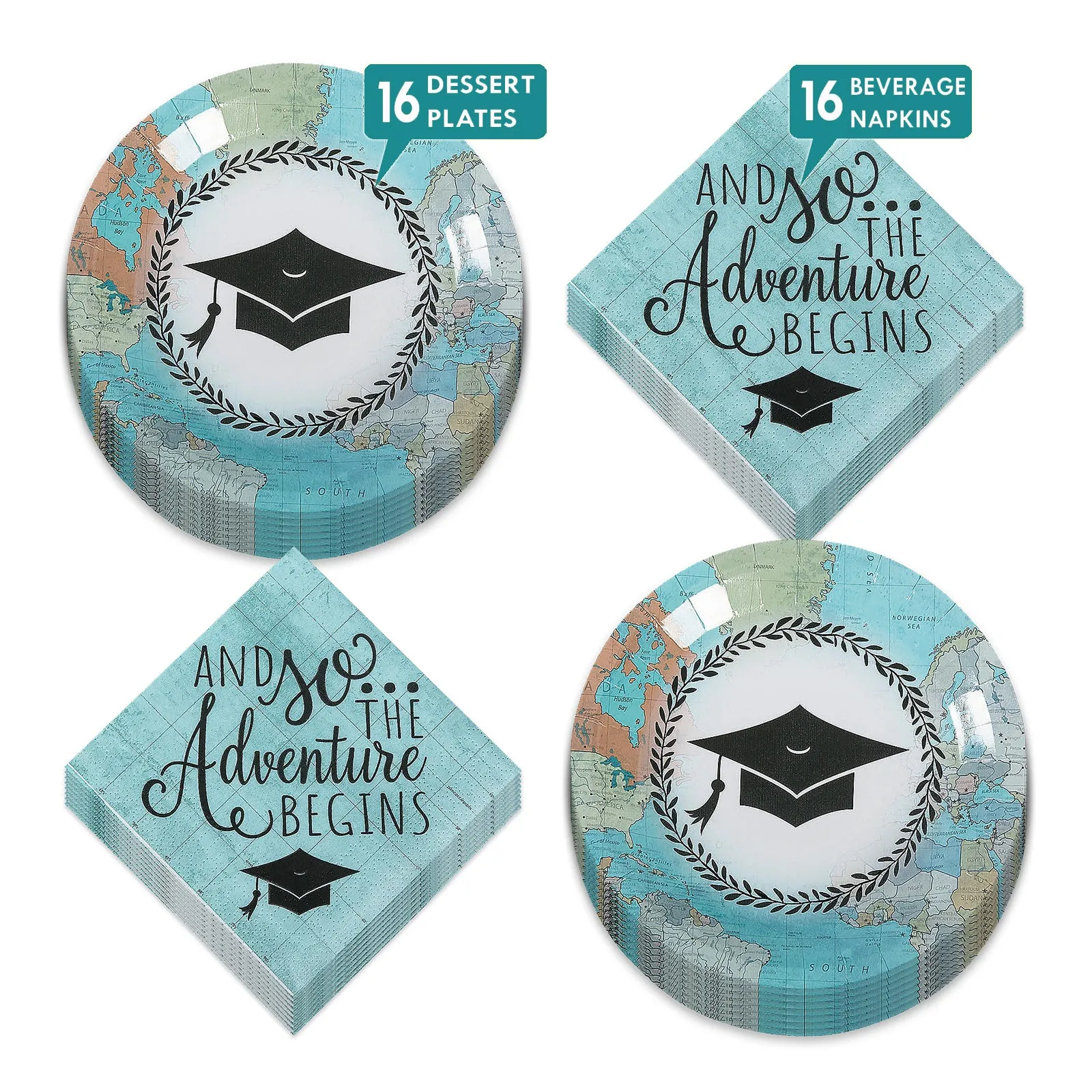 Graduation Party Grad Adventure Paper Dessert Plates and Beverage Napkins (Serves 16)