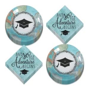 Graduation Party Grad Adventure Paper Dessert Plates and Beverage Napkins (Serves 16)