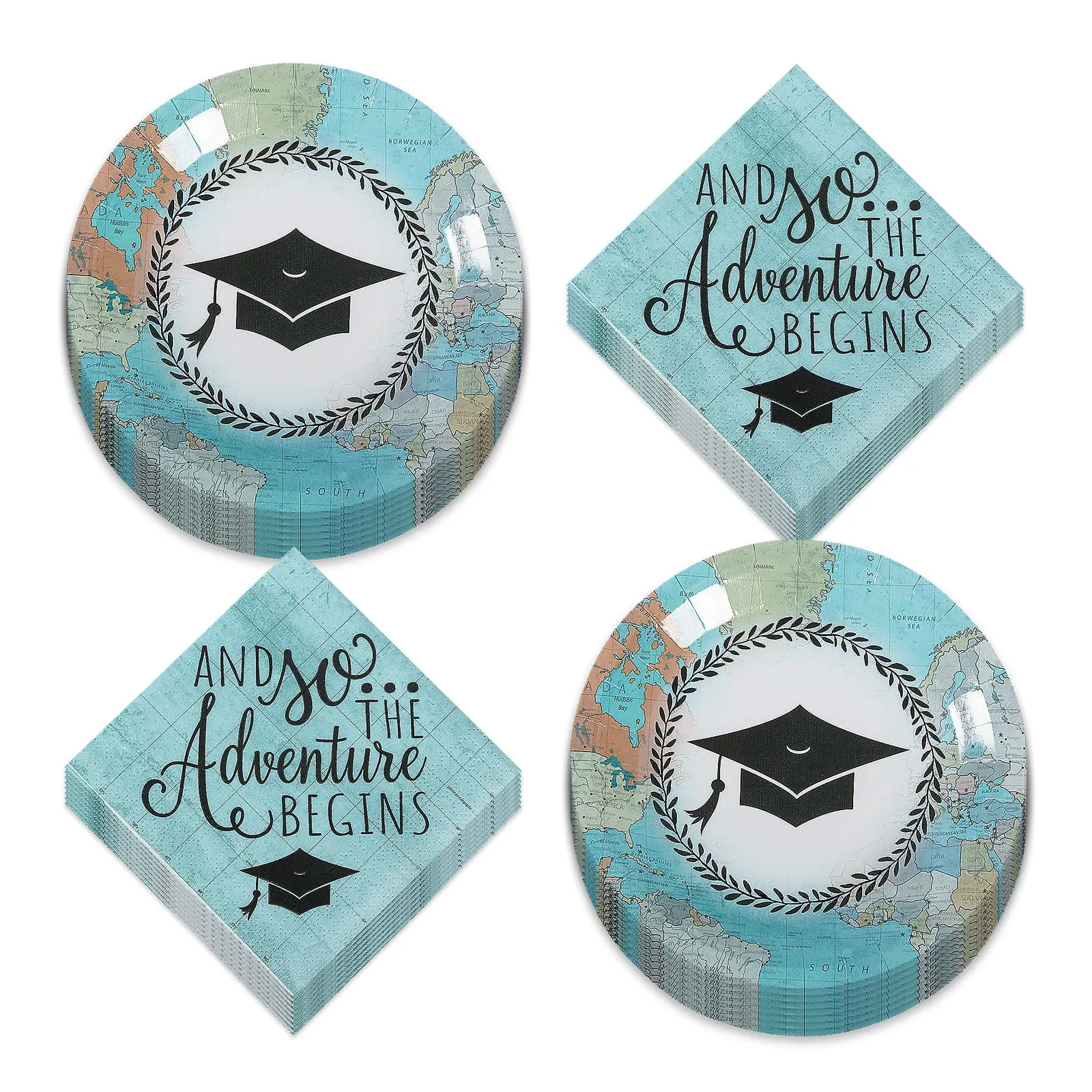 Graduation Party Grad Adventure Paper Dessert Plates and Beverage Napkins (Serves 16)