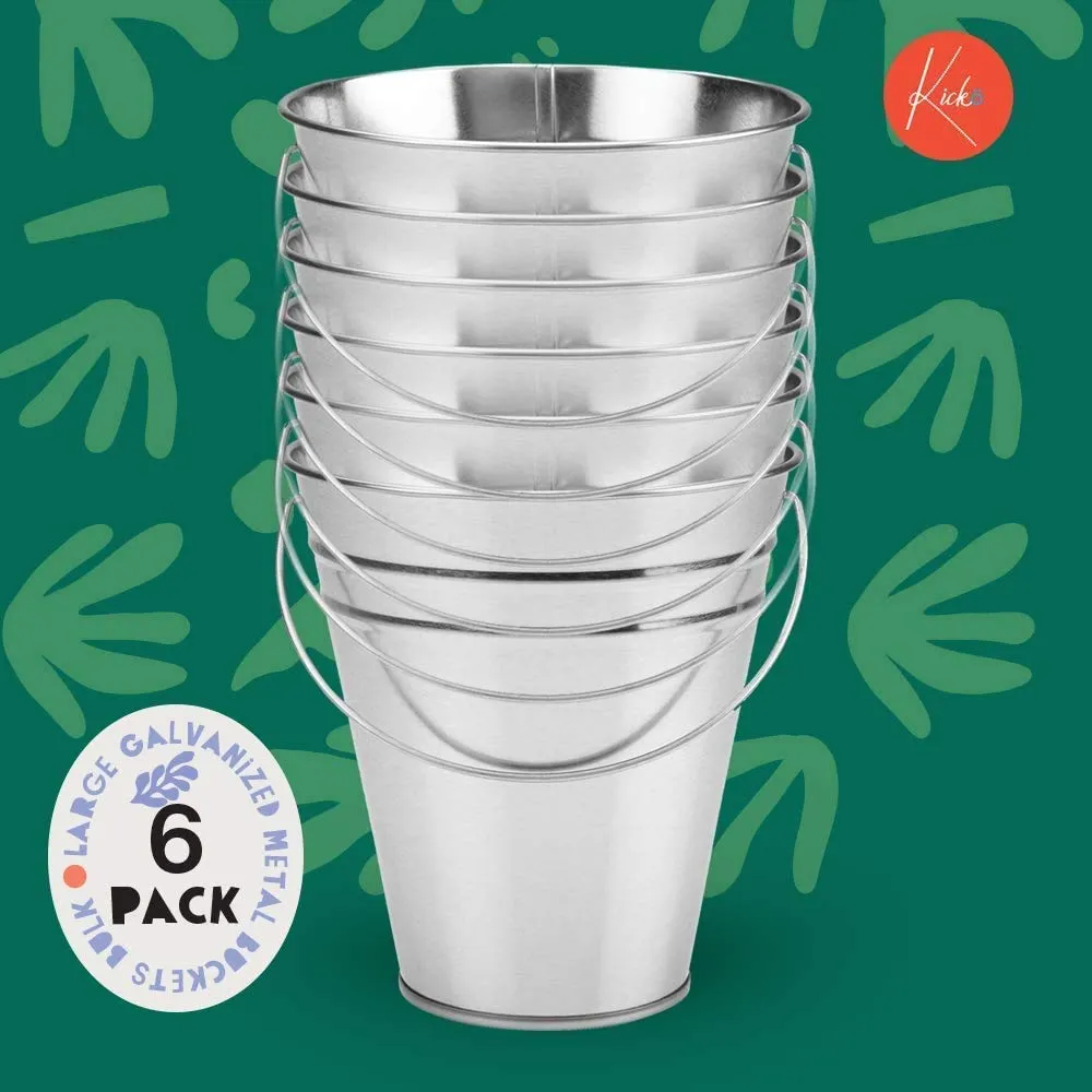 Kicko Large Galvanized Metal Buckets Bulk - 6 Pack - with Handle 5 X 4.5 Inches - Unique