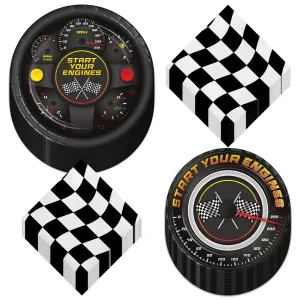 Race Party Variety Pack - Race Car Paper Plates & Racing Checkered Flag Napkins(Serves 32)