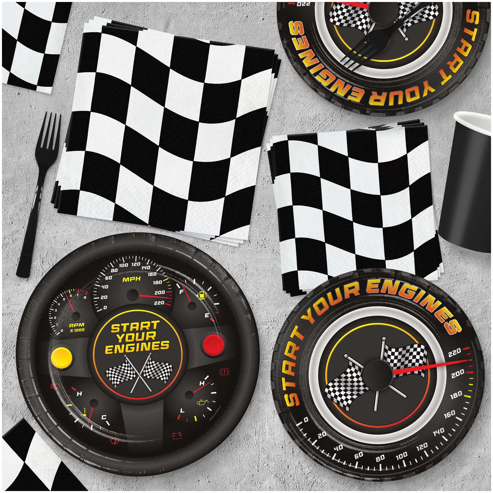 Race Party Variety Pack - Race Car Paper Plates & Racing Checkered Flag Napkins(Serves 32)