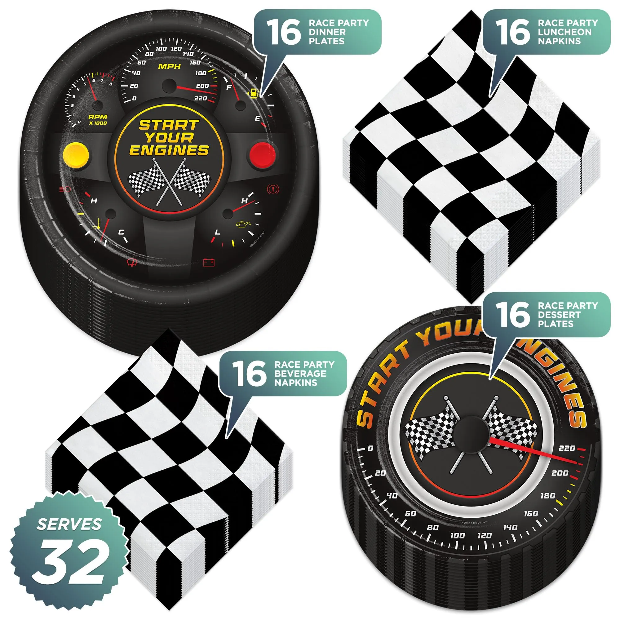 Race Party Variety Pack - Race Car Paper Plates & Racing Checkered Flag Napkins(Serves 32)