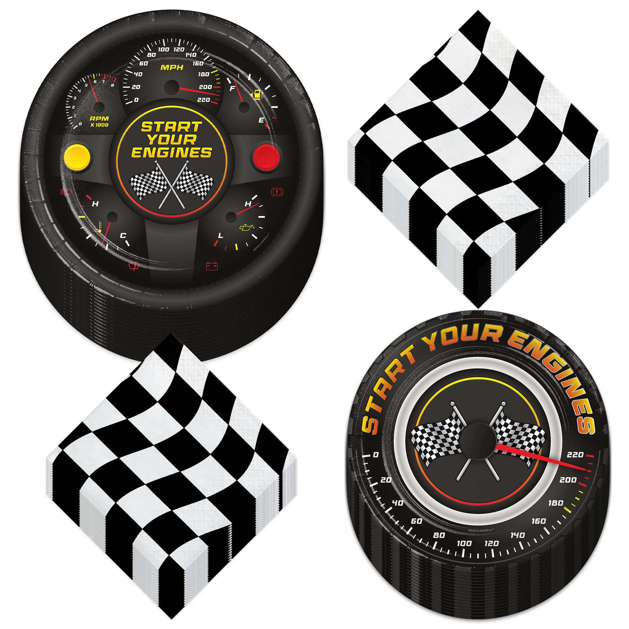 Race Party Variety Pack - Race Car Paper Plates & Racing Checkered Flag Napkins(Serves 32)
