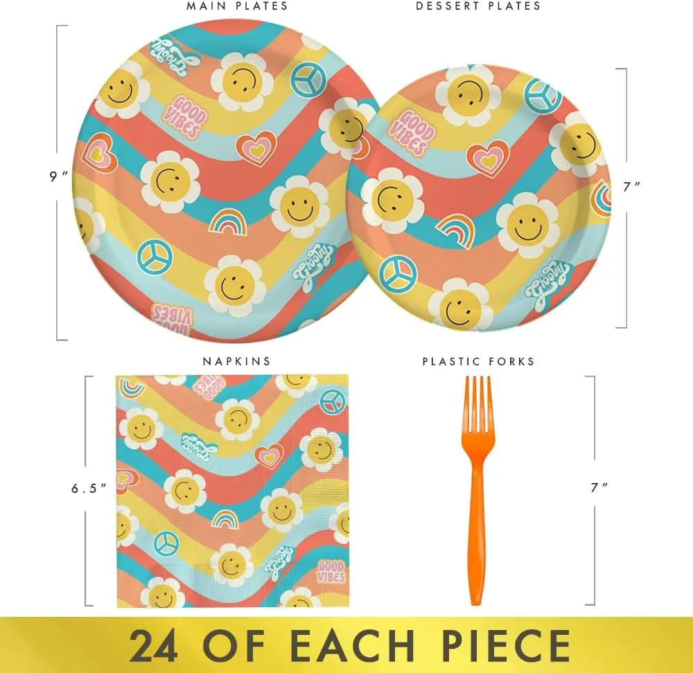 Retro Hippie Vibes Baby Shower Tableware Set - 24 Plates, Napkins, Forks for Boy or Girl Birthday and Baby Shower Decorations