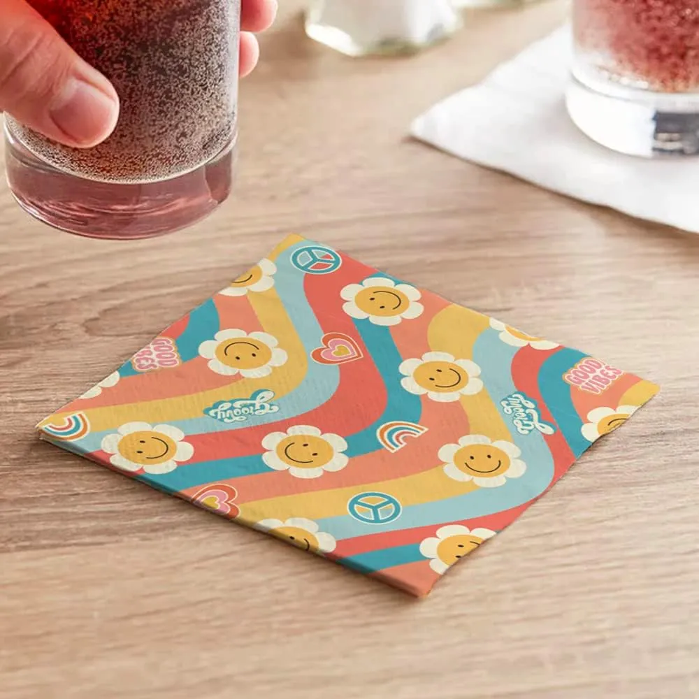 Retro Hippie Vibes Baby Shower Tableware Set - 24 Plates, Napkins, Forks for Boy or Girl Birthday and Baby Shower Decorations