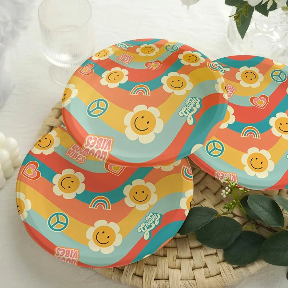 Retro Hippie Vibes Baby Shower Tableware Set - 24 Plates, Napkins, Forks for Boy or Girl Birthday and Baby Shower Decorations