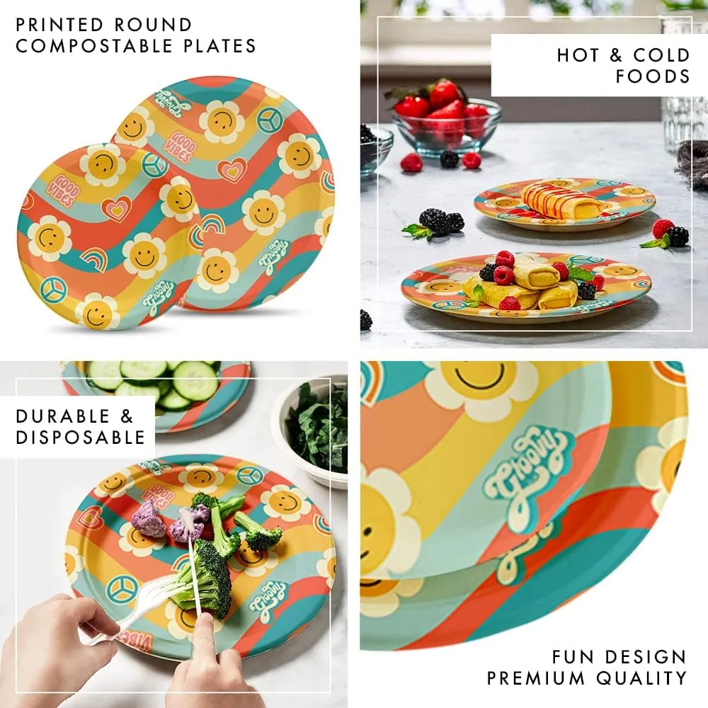 Retro Hippie Vibes Baby Shower Tableware Set - 24 Plates, Napkins, Forks for Boy or Girl Birthday and Baby Shower Decorations