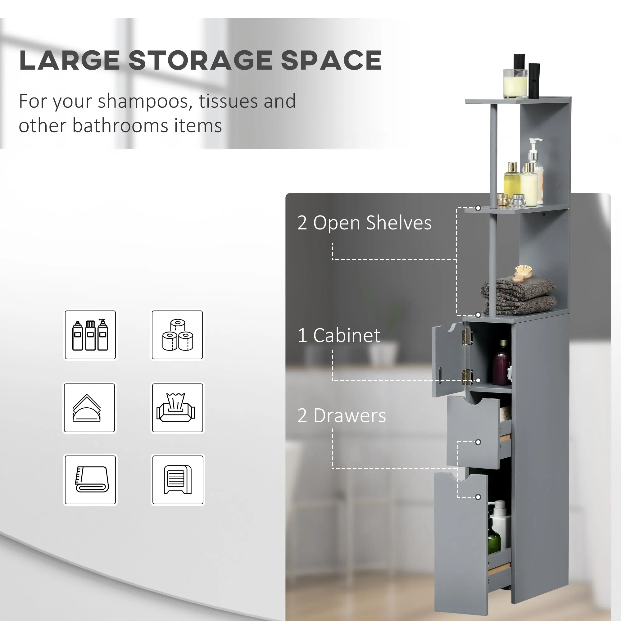 Tall Bathroom Cabinet, Freestanding Bathroom Storage Cabinet with 2-Tier Shelf and Drawers, Narrow Cupboard Storage Unit, Grey