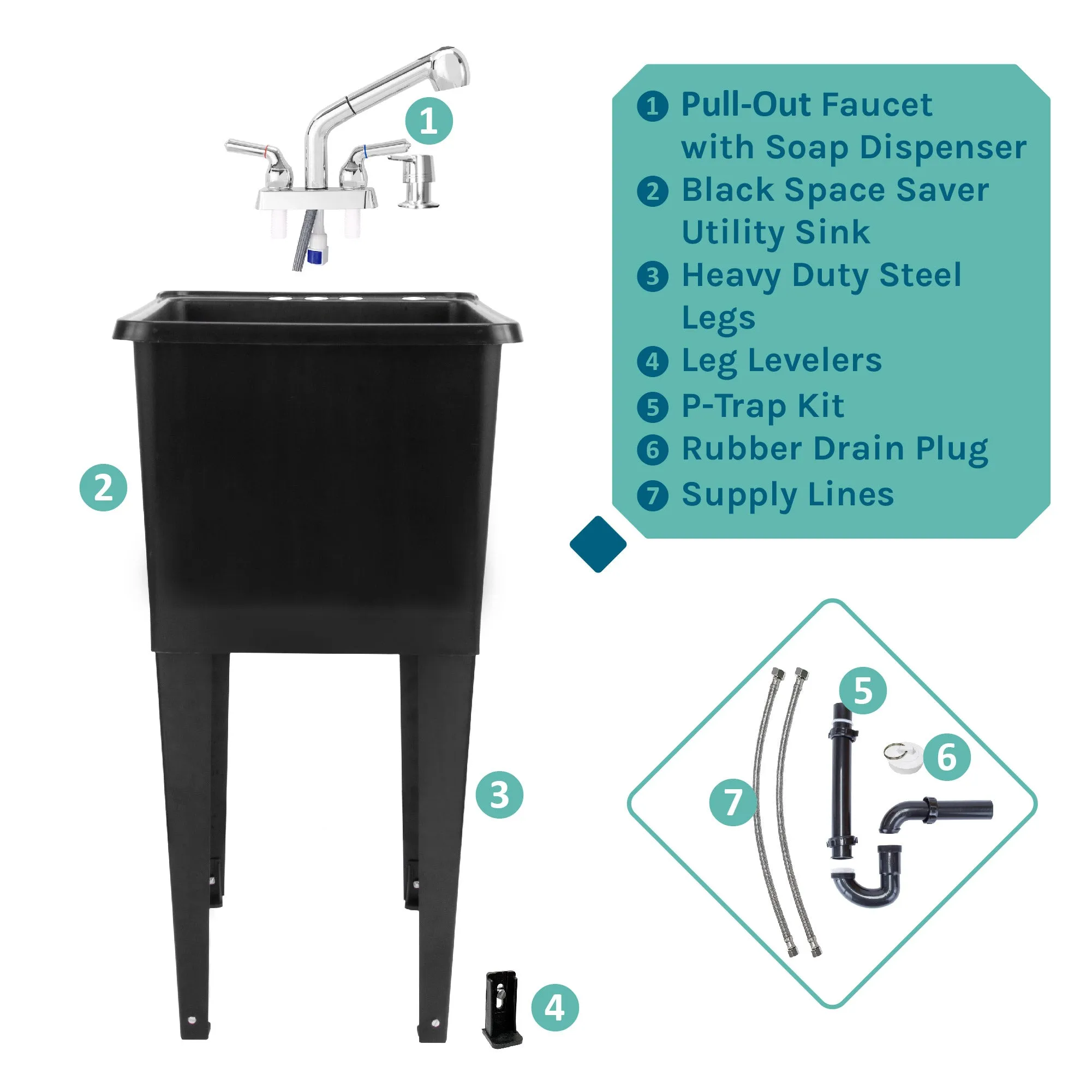 Tehila Space Saver Freestanding Black Utility Sink with Chrome Finish Pull-Out Faucet