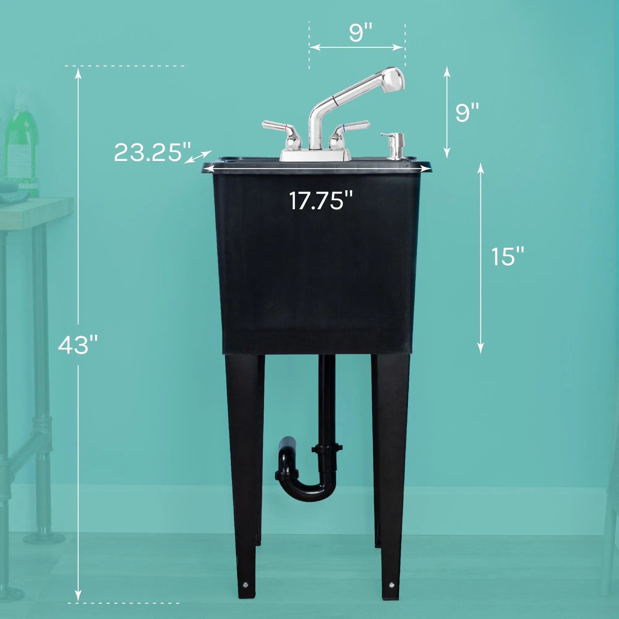 Tehila Space Saver Freestanding Black Utility Sink with Chrome Finish Pull-Out Faucet