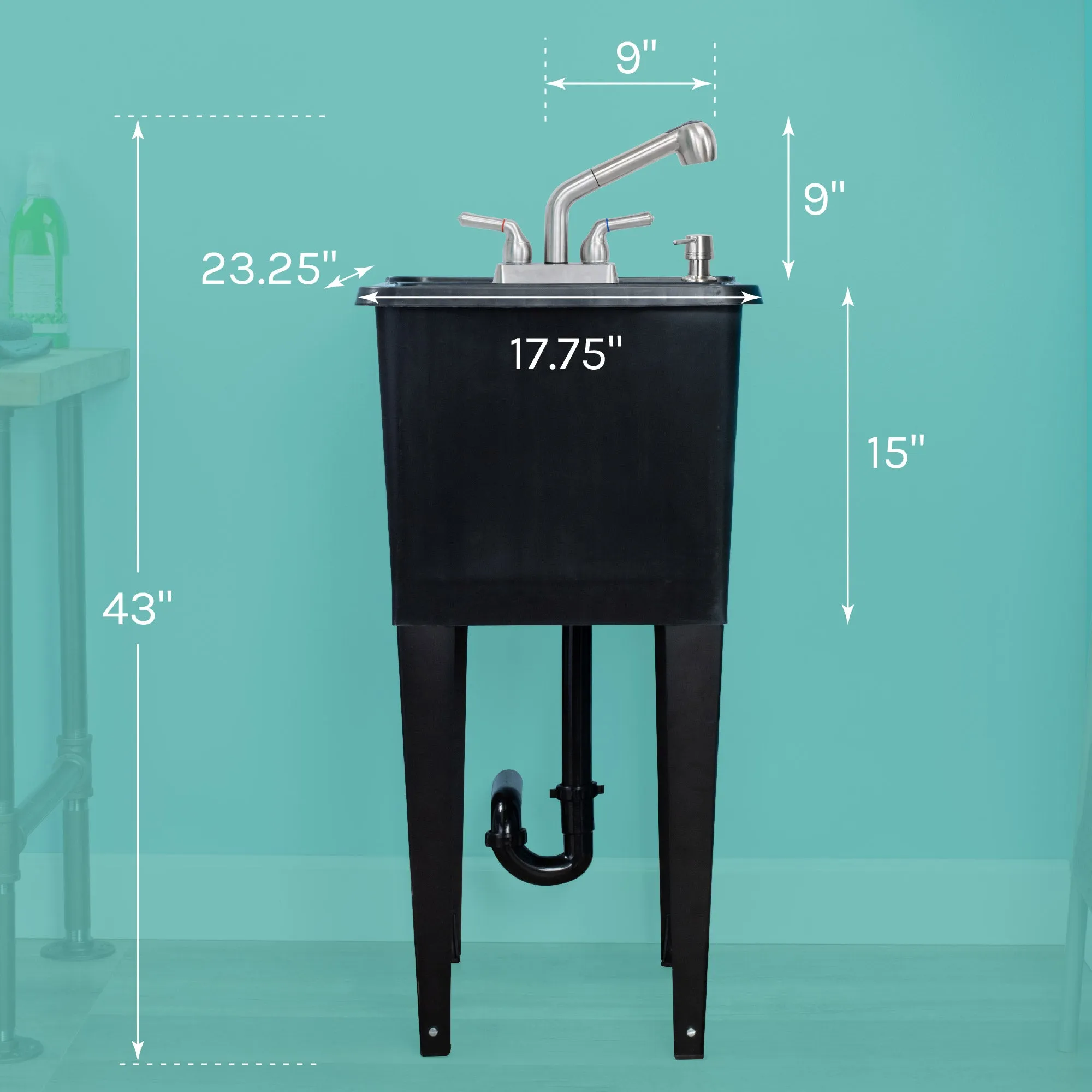 Tehila Space Saver Freestanding Black Utility Sink with Stainless Steel Finish Pull-Out Faucet