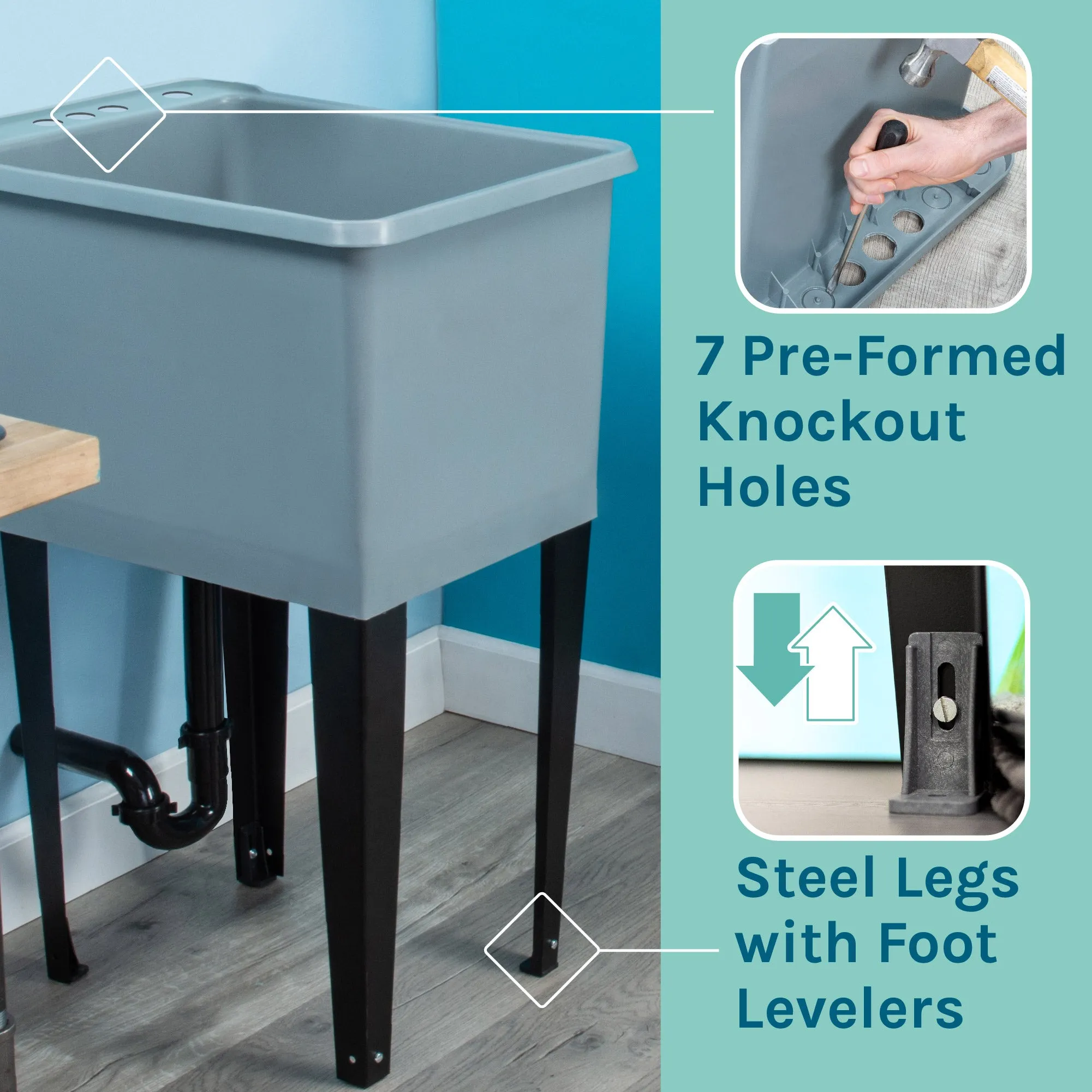 Tehila Space Saver Freestanding Grey Utility Sink with Black Finish Pull-Out Faucet