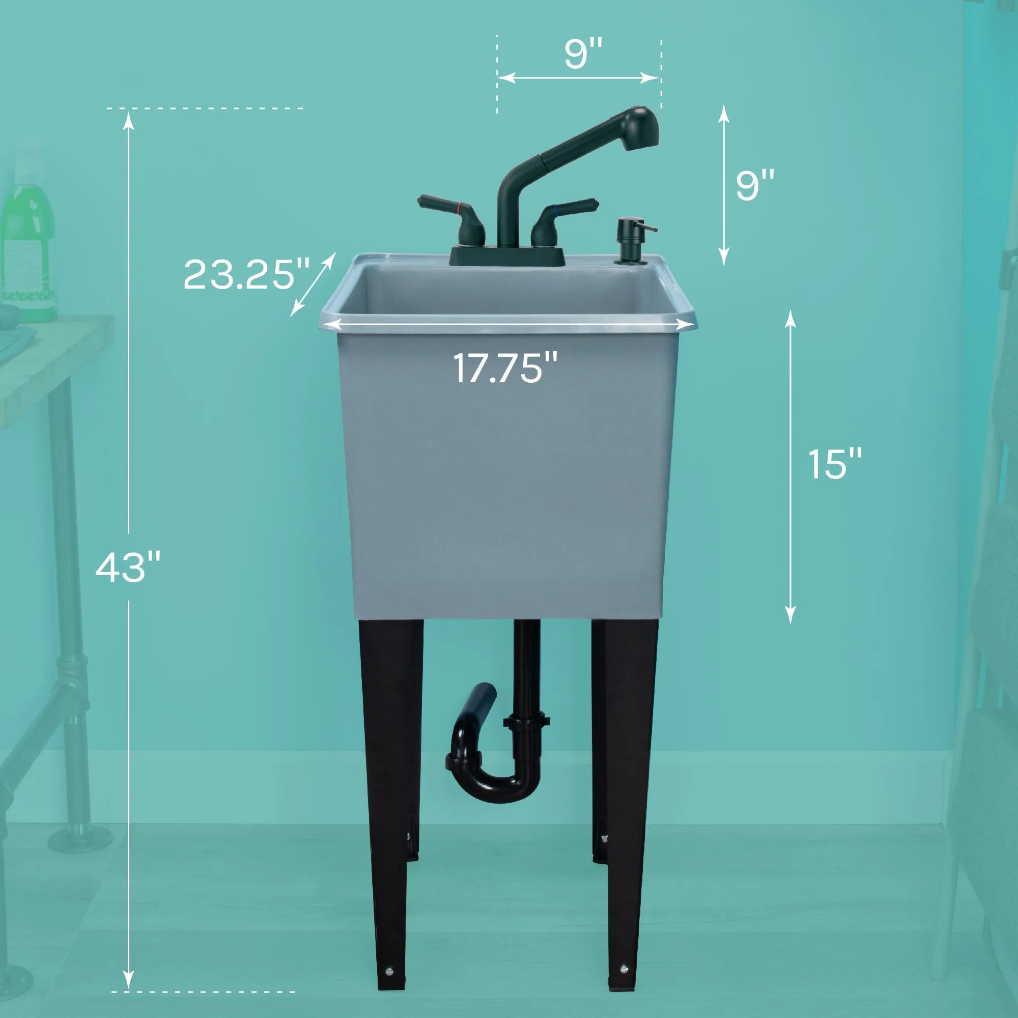 Tehila Space Saver Freestanding Grey Utility Sink with Black Finish Pull-Out Faucet