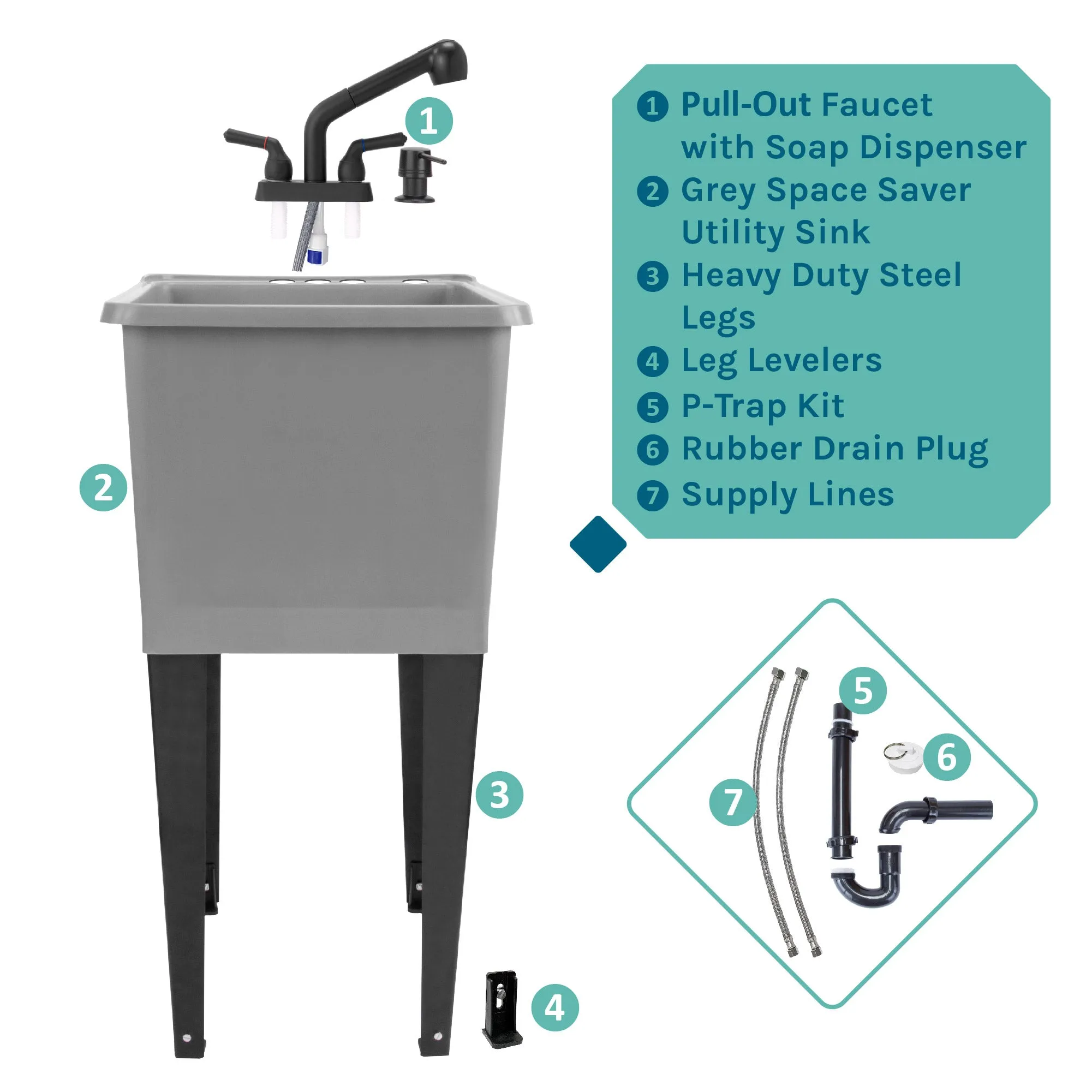 Tehila Space Saver Freestanding Grey Utility Sink with Black Finish Pull-Out Faucet