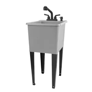 Tehila Space Saver Freestanding Grey Utility Sink with Black Finish Pull-Out Faucet