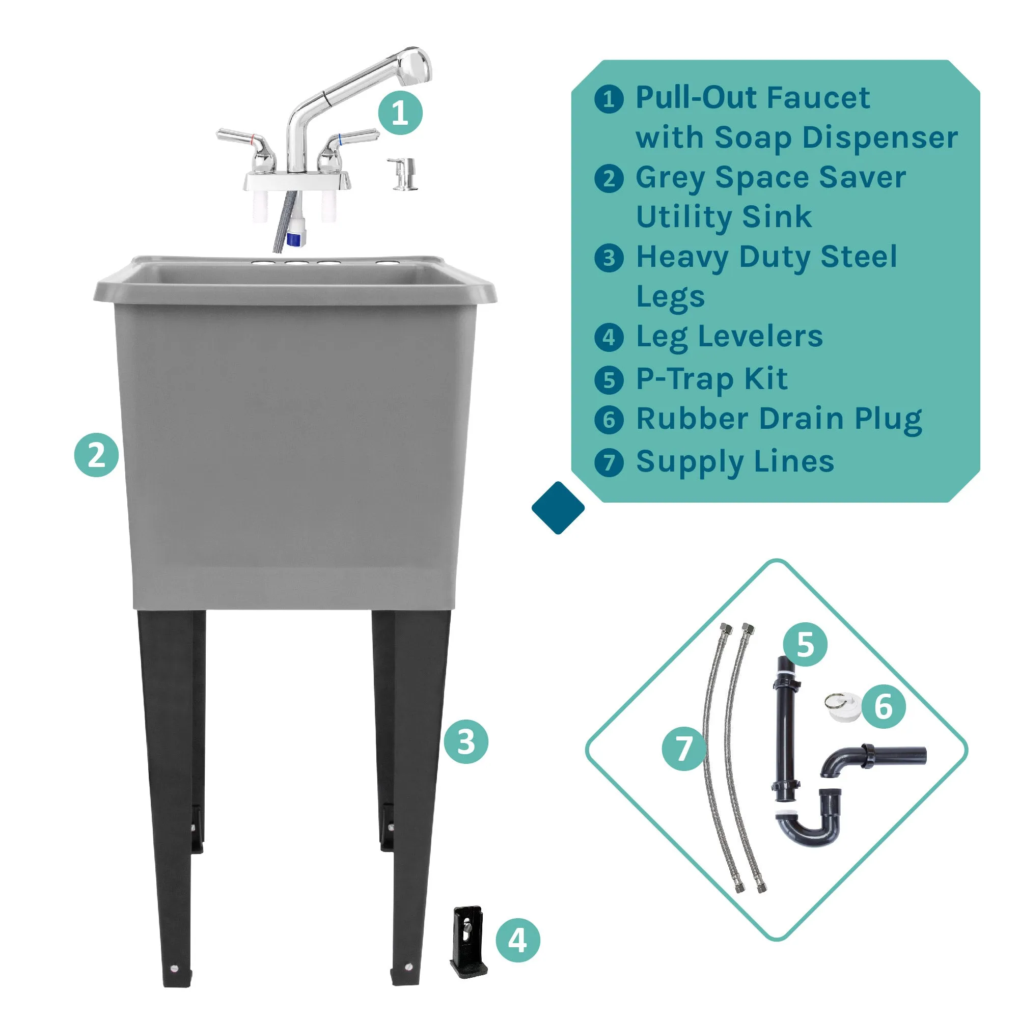 Tehila Space Saver Freestanding Grey Utility Sink with Chrome Finish Pull-Out Faucet
