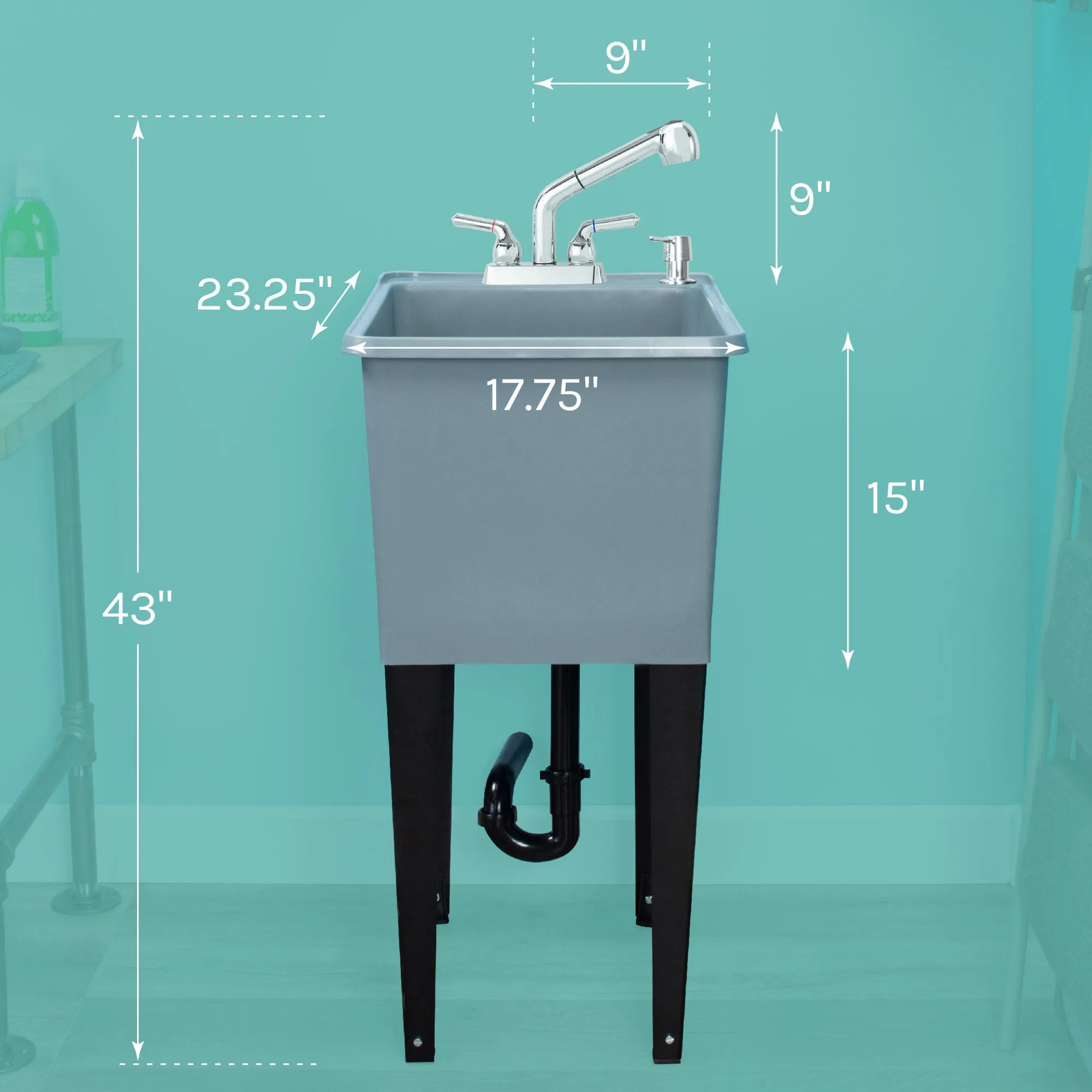 Tehila Space Saver Freestanding Grey Utility Sink with Chrome Finish Pull-Out Faucet