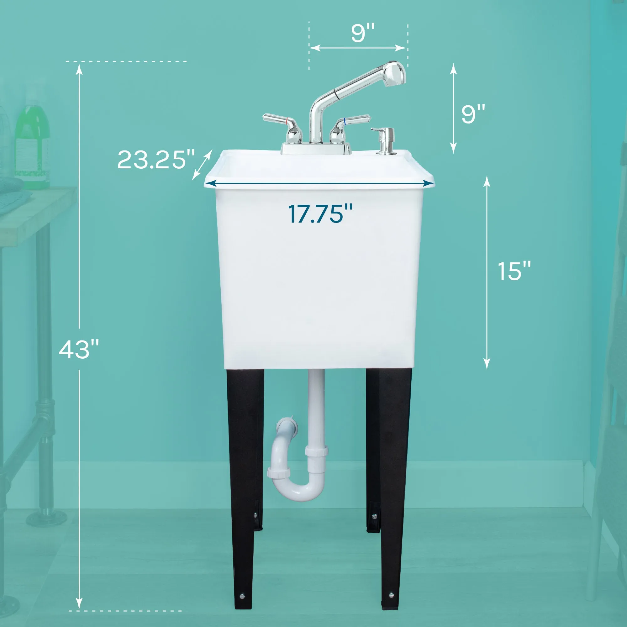 Tehila Space Saver Freestanding White Utility Sink with Chrome Finish Pull-Out Faucet