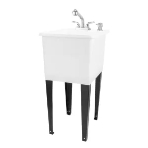 Tehila Space Saver Freestanding White Utility Sink with Chrome Finish Pull-Out Faucet