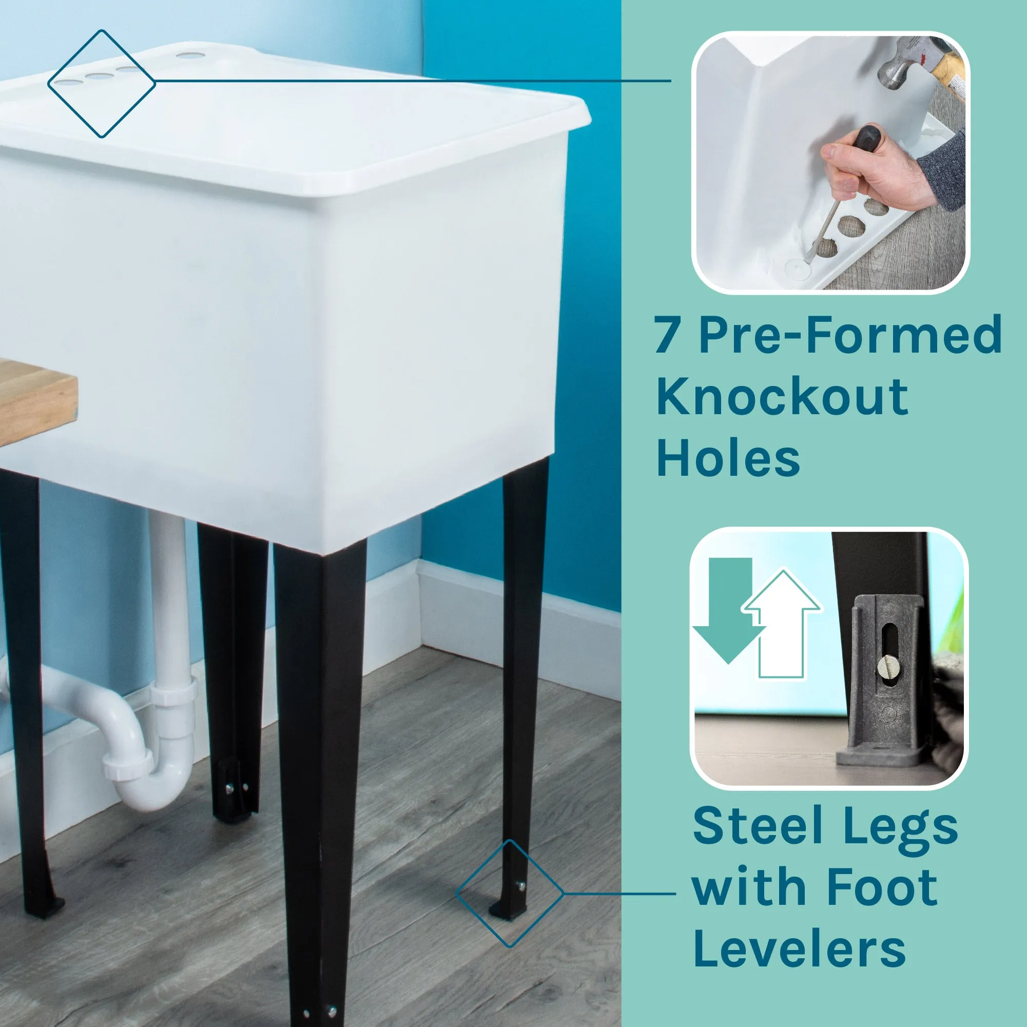 Tehila Space Saver Freestanding White Utility Sink with Chrome Finish Pull-Out Faucet
