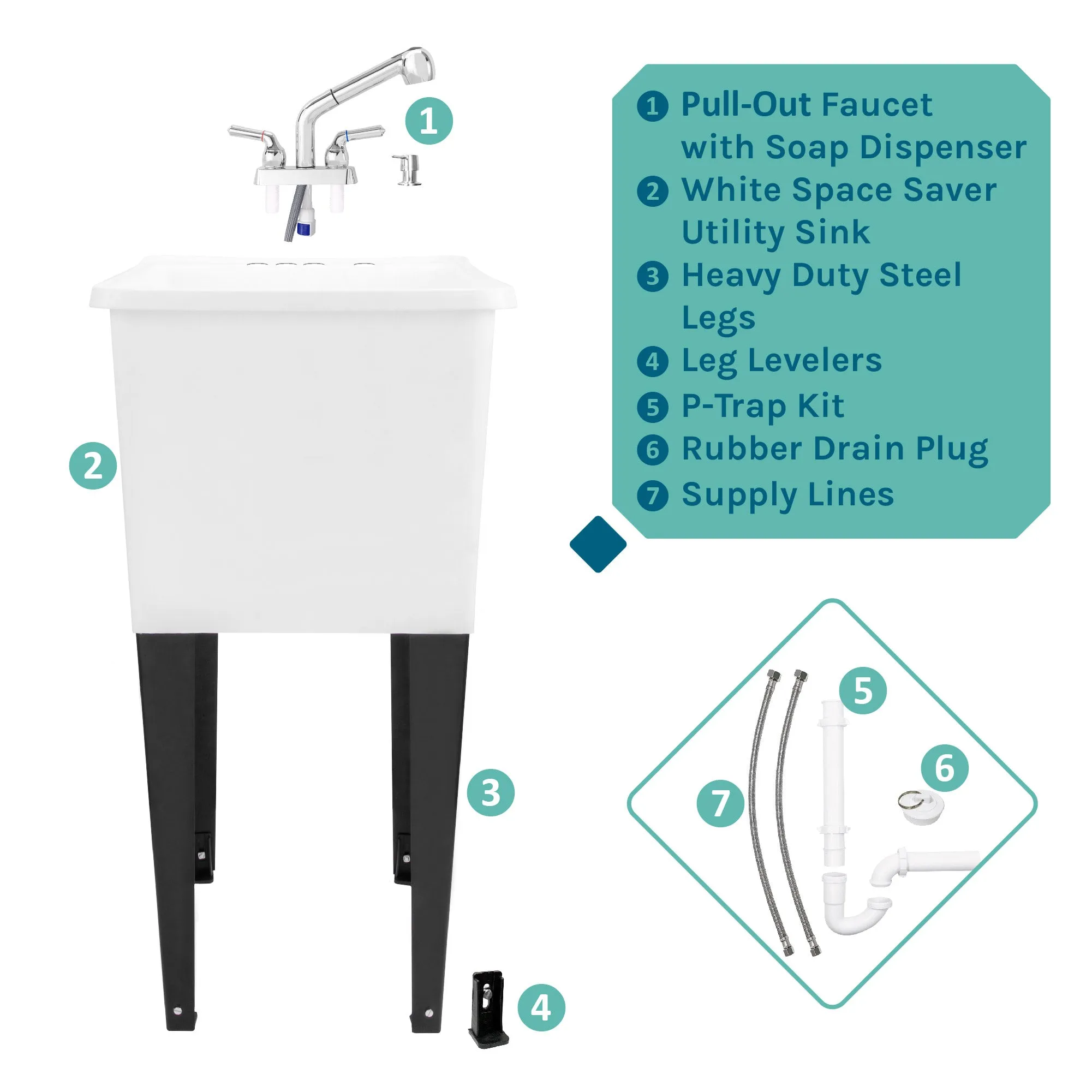 Tehila Space Saver Freestanding White Utility Sink with Chrome Finish Pull-Out Faucet