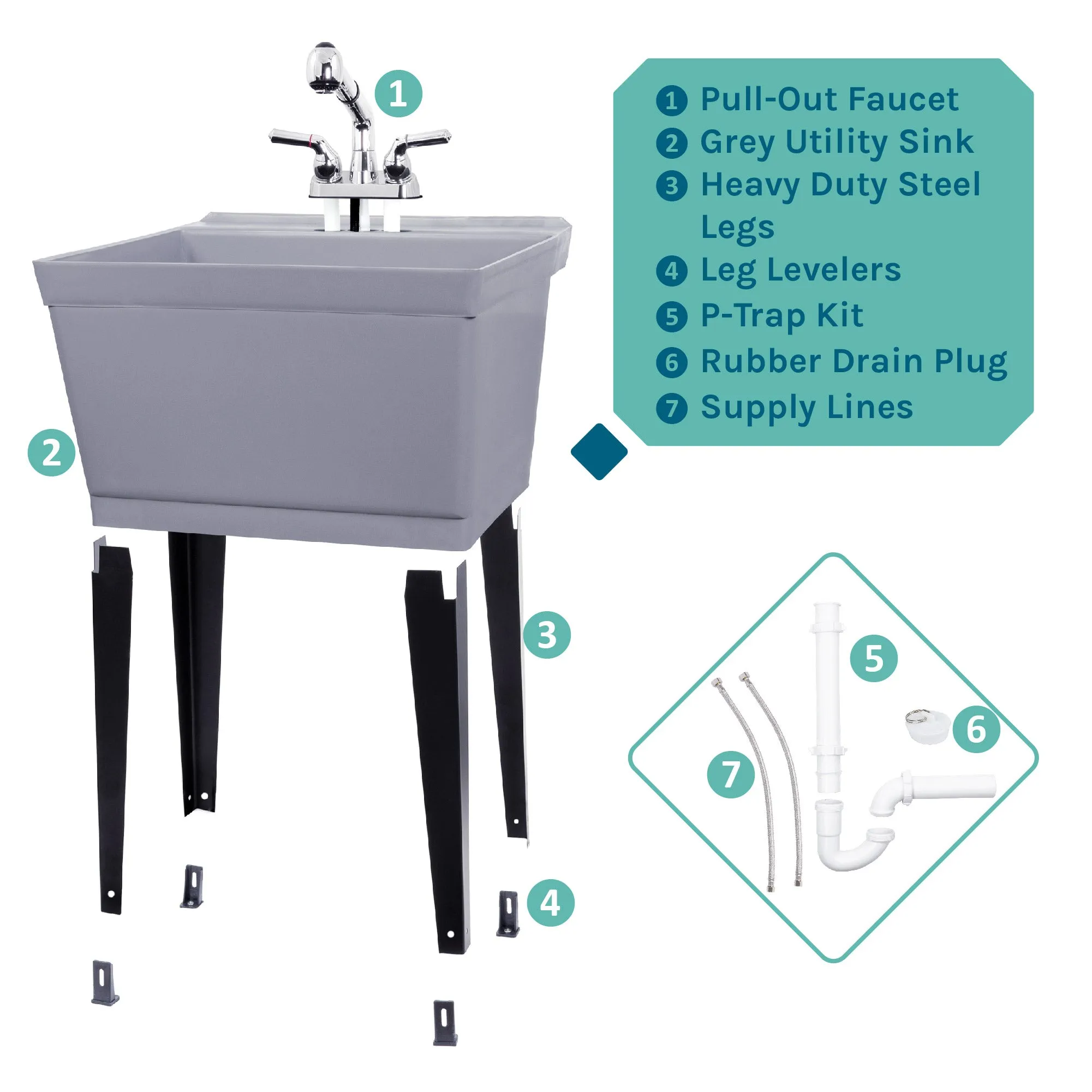 Tehila Standard Freestanding Grey Utility Sink with Chrome Finish Pull-Out Faucet