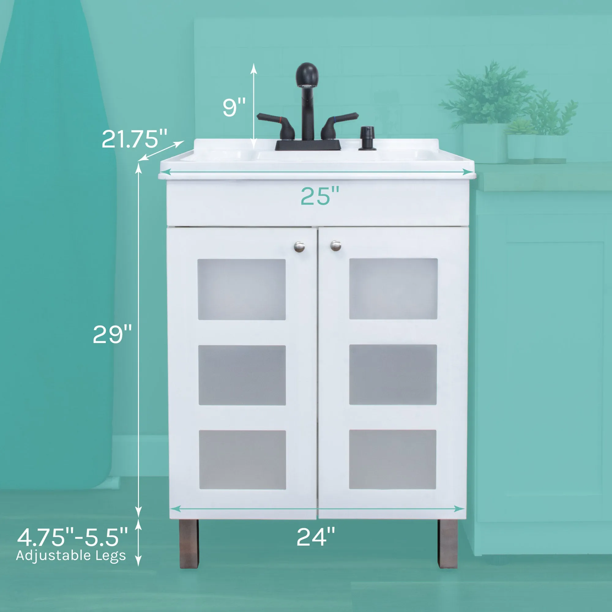 Tehila White Vanity Cabinet and White Utility Sink with Black Finish Pull-Out Faucet