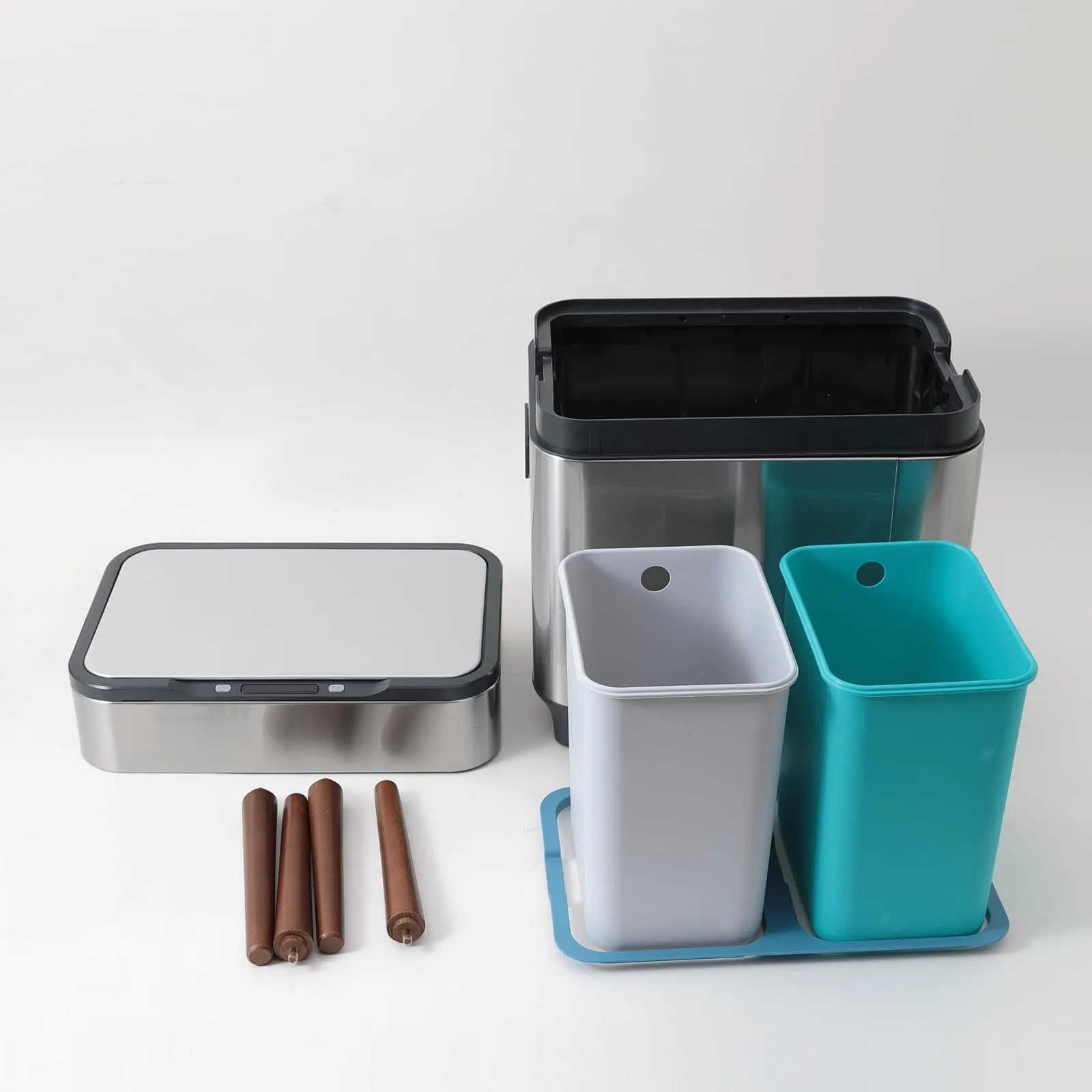 The Better Home FUMATO Automatic, Touchless & Smart Dustbin with Lid & Wooden Legs | Stainless Steel Dustbin for Kitchen, Bathroom, Bedroom, Home, Office | Dual Compartment (13L 13L) & Motion Sensor