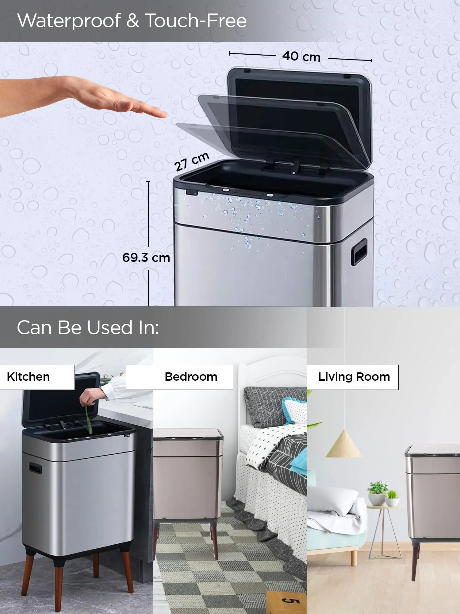 UMAI (13L 13L Dustbin For Kitchen | Dustbin For Bathroom | 69cm Automatic Smart Sensor Dustbin For Bedroom | Steel Dustbin With Lid | Hands Free Access | Dustbin For Office | Garbage Bin - Silver