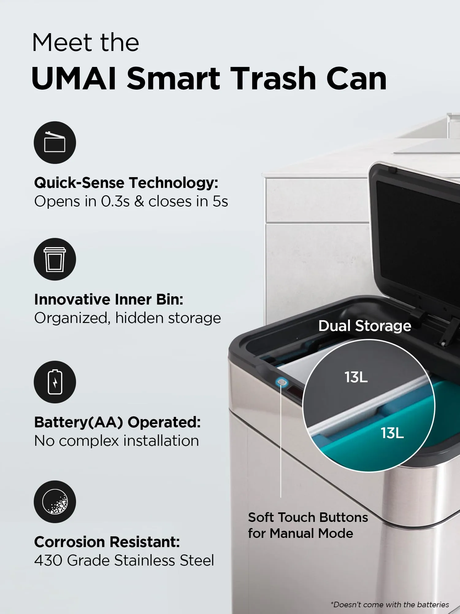UMAI (13L 13L Dustbin For Kitchen | Dustbin For Bathroom | 69cm Automatic Smart Sensor Dustbin For Bedroom | Steel Dustbin With Lid | Hands Free Access | Dustbin For Office | Garbage Bin - Silver
