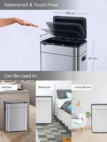 UMAI Stainless Steel Sensor Dual Compartment(9L   9L) Dustbin with Lid- Smart Dustbin for Kitchen, Bedroom, Bathroom, and Office-2 removable bucket for trash and recyclables- Easy to Clean, and Use